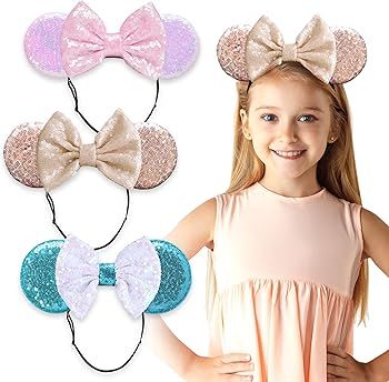 SAMARKAND Minnie Ears Headbands, 3PCS Shiny Sequin Bow - Elastic and Adjustable Headband Headache... | Amazon (US)