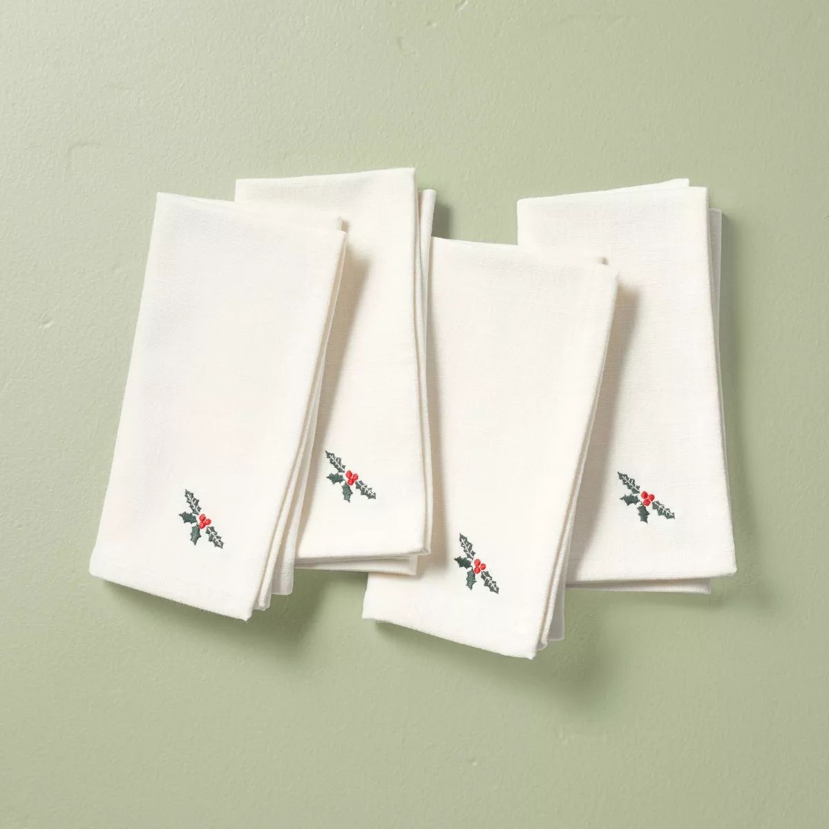 4pk Christmas Holly Leaf & Berry Embroidered Cloth Napkins Cream/Green/Red - Hearth & Hand™ wit... | Target