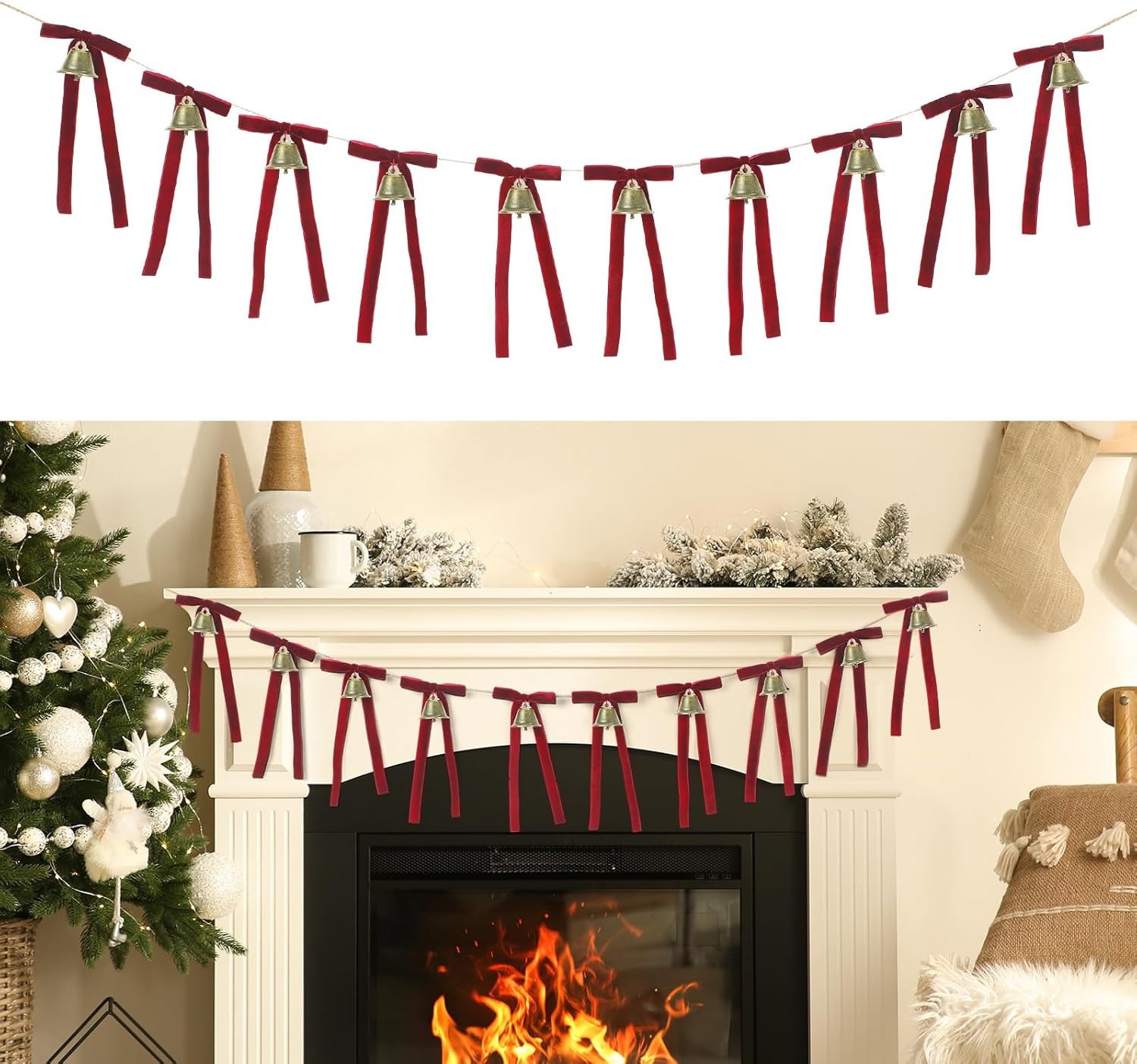 Burgundy Christmas Jingle Bell Garland with Velvet Bows Vintage Ribbon Bows Bells Banner 6 ft Chr... | Amazon (US)