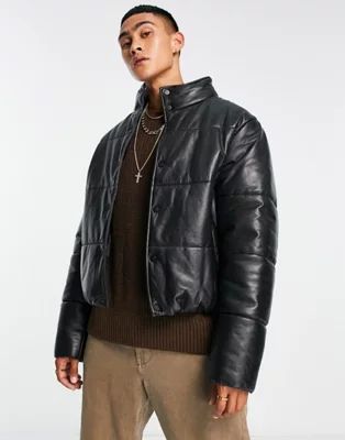 ASOS DESIGN real leather puffer jacket in black | ASOS (Global)