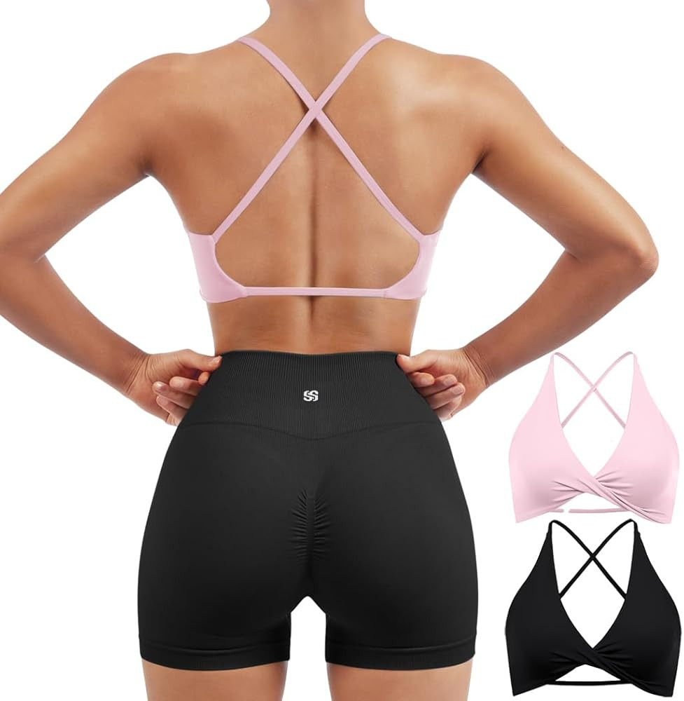 SUUKSESS Women 2 Piece Open Back Strappy Sports Bra Pack Twist V Neck Workout Crops | Amazon (US)
