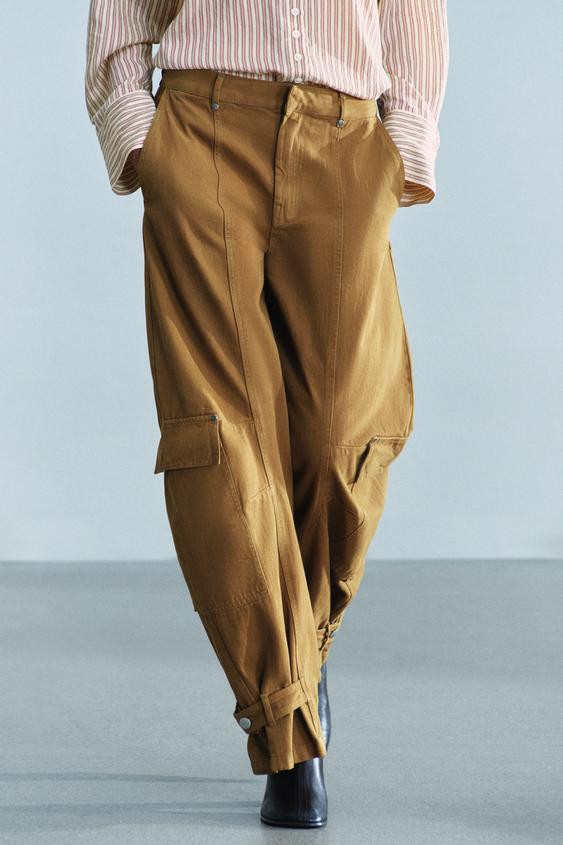 Zara - Zw Collection Mid-Rise Barrel Cargo Jeans - Caramel - 27 (Us 4) - Woman | Zara US