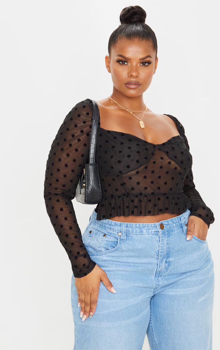 PLT Plus - Top manches longues en mesh à pois noir | PrettyLittleThing (FR)