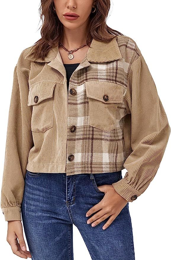 Gihuo Women's Fashion Cropped Shacket Button Down Corduroy Shacket Jackets | Amazon (US)