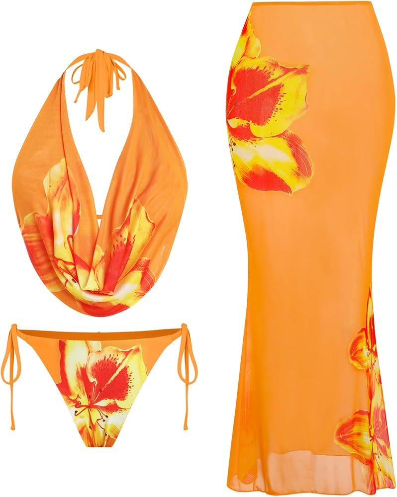 ZAFUL Women's 3 Piece Floral Swimsuit Draped Neck Halter Bikini Tie Side Bathing Suit with Sheer ... | Amazon (US)