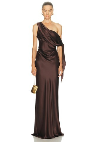 The Sei Asymmetrical Drape Gown With Tie in Brown | FWRD 