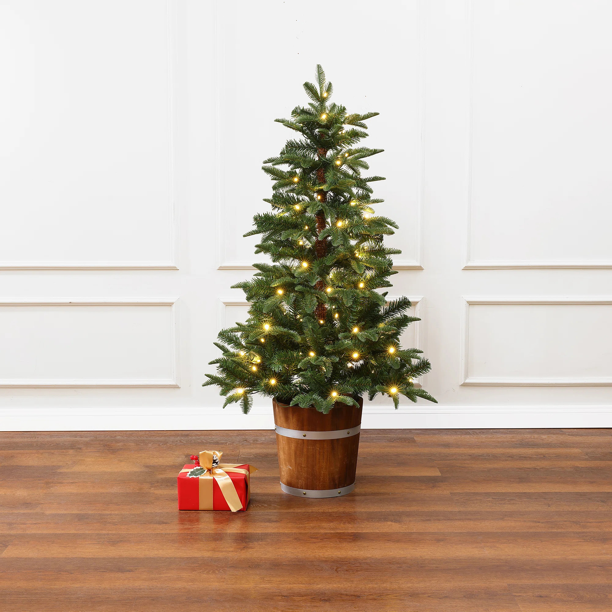 4Ft Pre-Lit Green Artificial Christmas Tree with Round Wood Pot | Wayfair North America