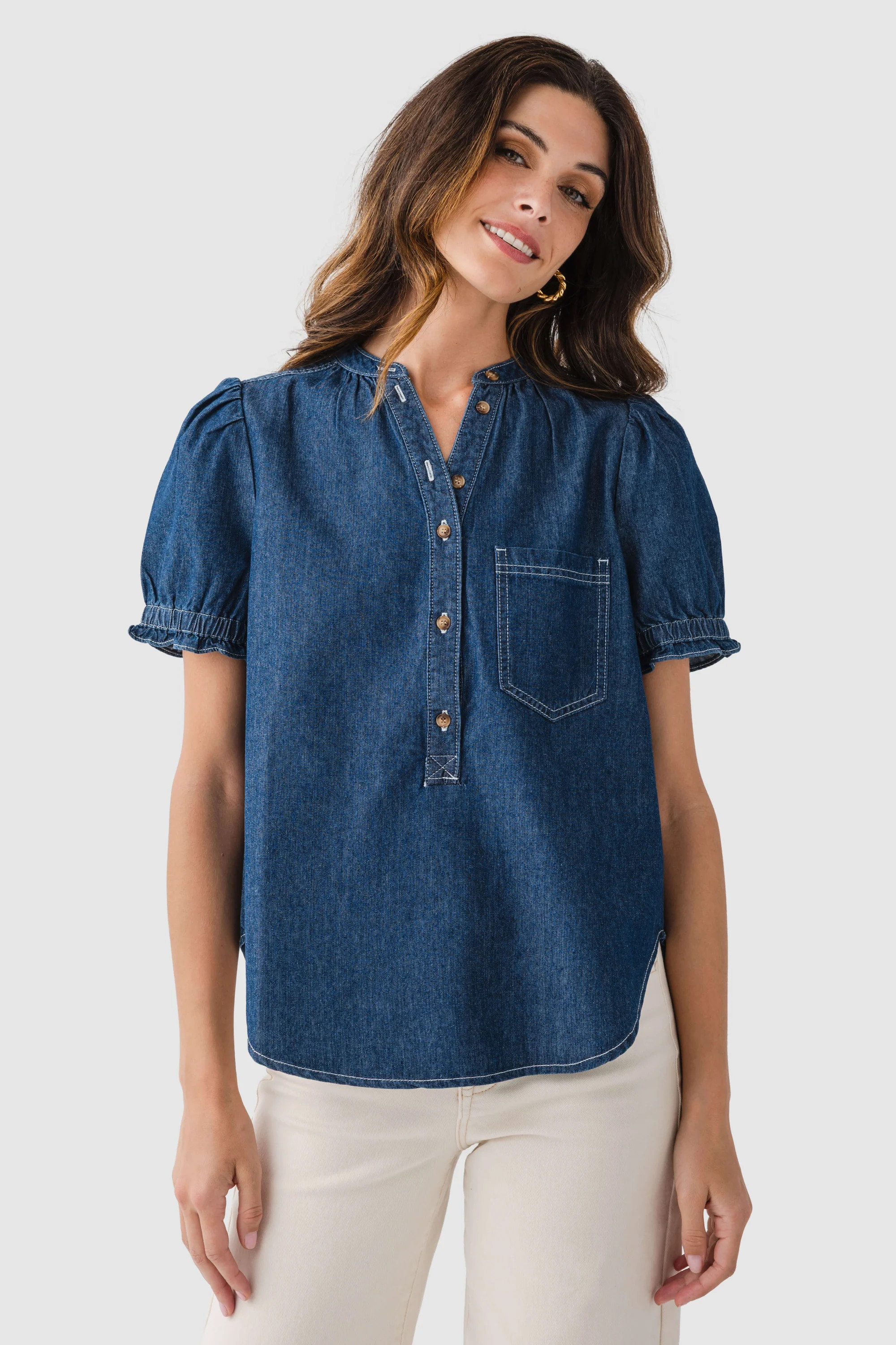 Eesome Mineral Washed Short Sleeve Denim Top | Social Threads