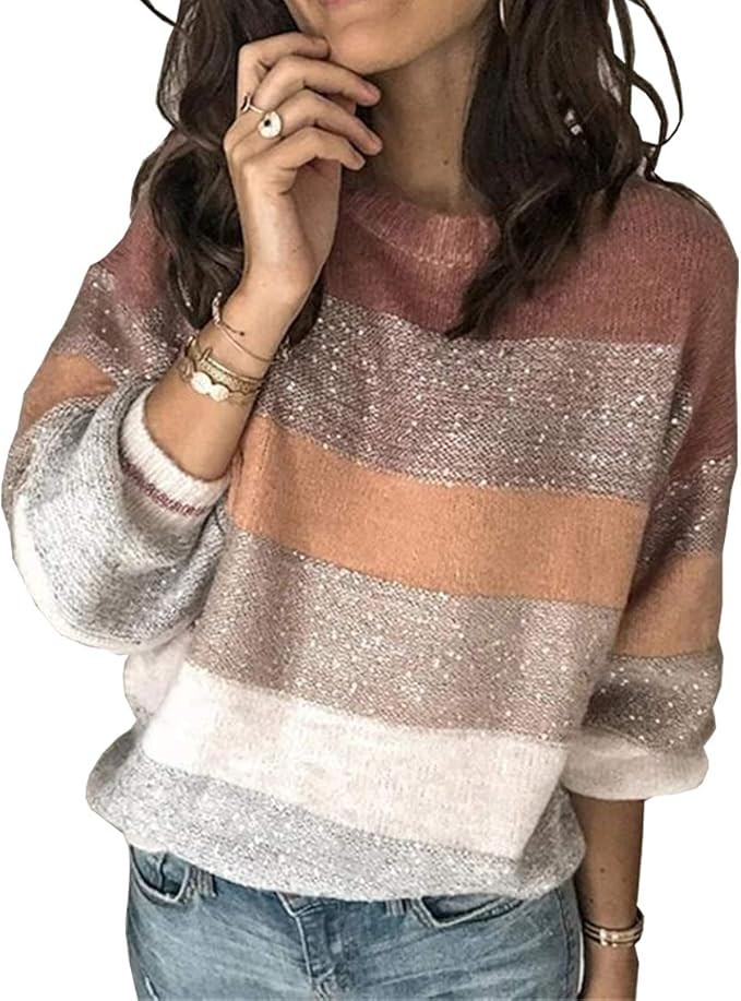 PRETTYGARDEN Women’s Fashion Long Sleeve Striped Color Block Knitted Sweater Crew Neck Loose Pu... | Amazon (US)