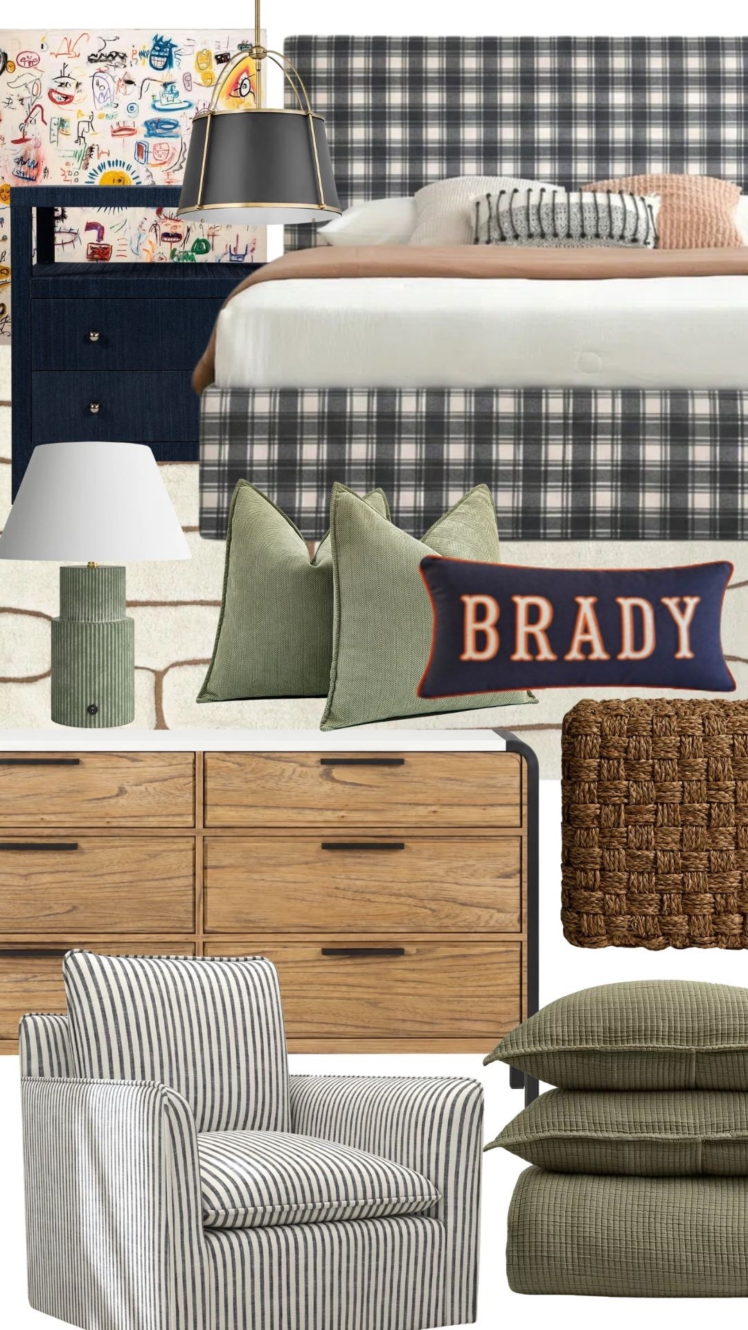 This mood board for Brady's room is so good. I love the graffiti art and plaid upholstered bed. The perfect finds for a teen boy bedroom.

#LTKSeasonal #LTKHome #LTKmomlife