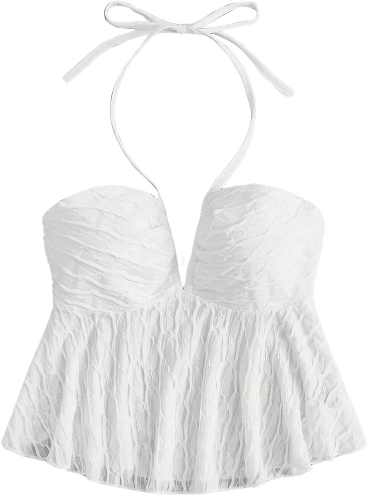 SHENHE Women's Tie Halter Neck Backless Ruffle Hem Sexy Peplum Crop Top Sleeveless Top | Amazon (US)