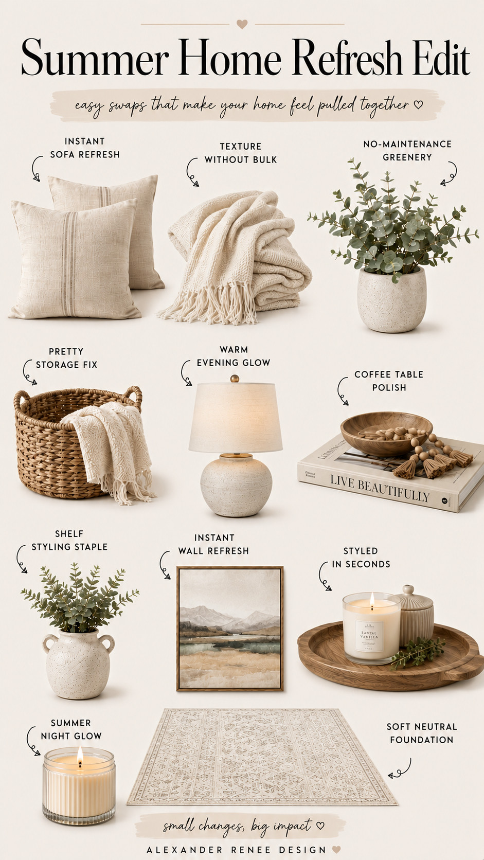 Summer Home Refresh Edit 🤍

The little details really do make a difference.

#SummerHomeDecor #HomeRefresh #NeutralHomeDecor #CozyHome #HomeStyling #SummerDecor #AmazonHomeFinds #LTKHome #HomeInspo #InteriorStyle\ 

 #LTKU #LTKHome
