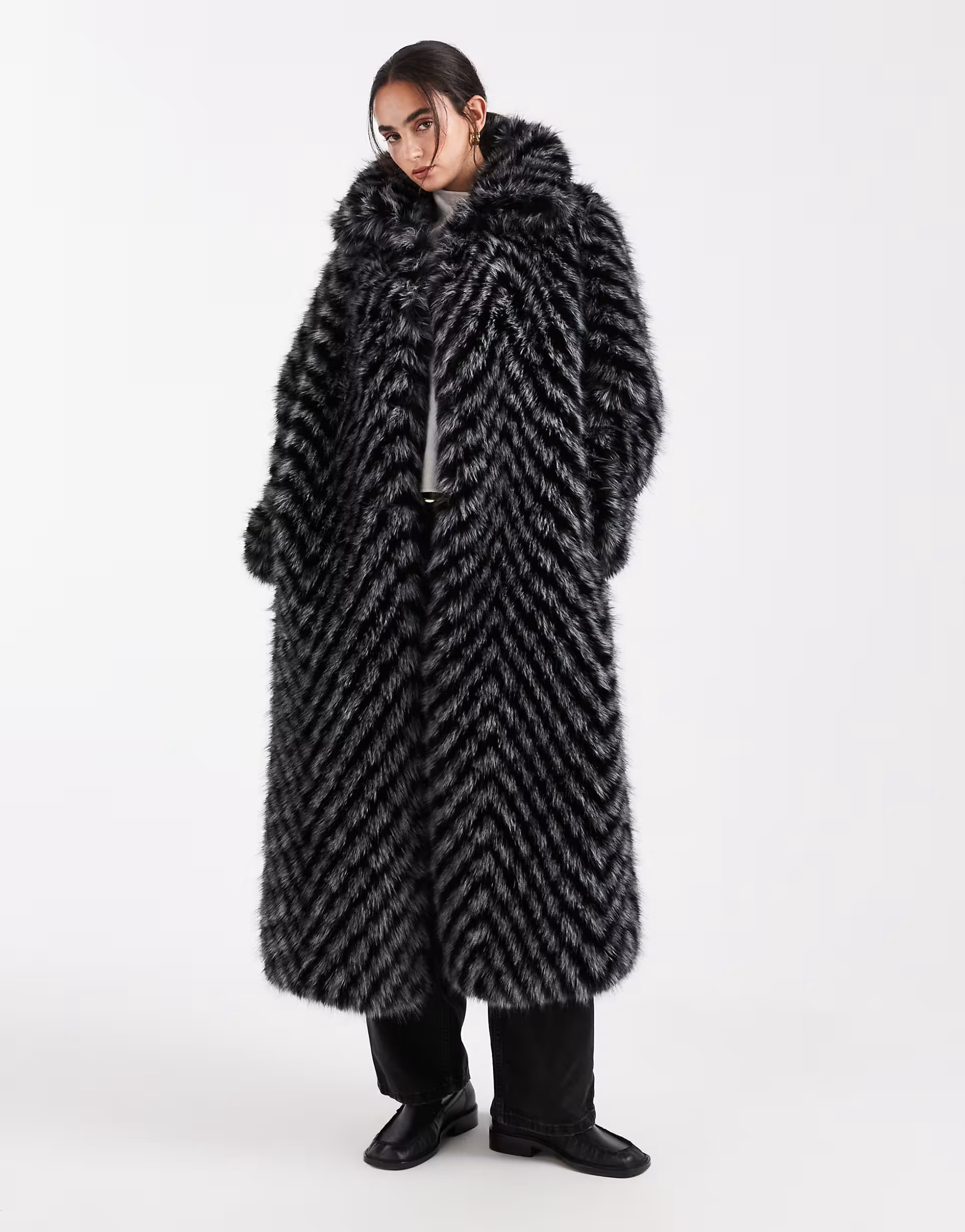ASOS DESIGN chevron longline faux fur car coat in grey stripe | ASOS (Global)