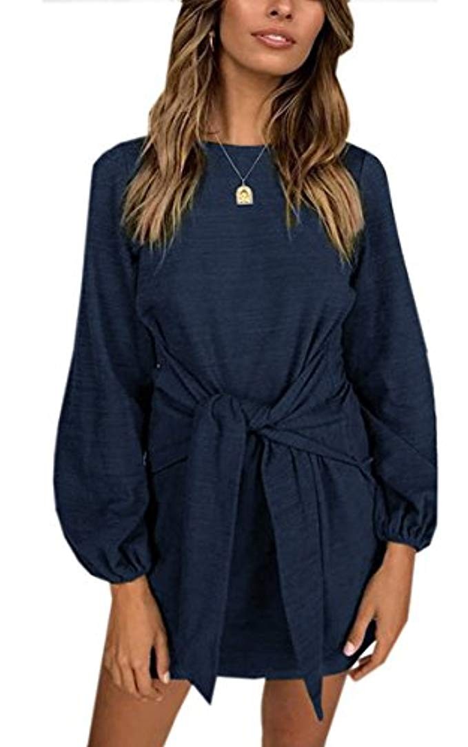 ECOWISH Womens Dresses Casual Long Lantern Sleeve Tie Front Crew Neck Bodycon Mini Dress | Amazon (US)