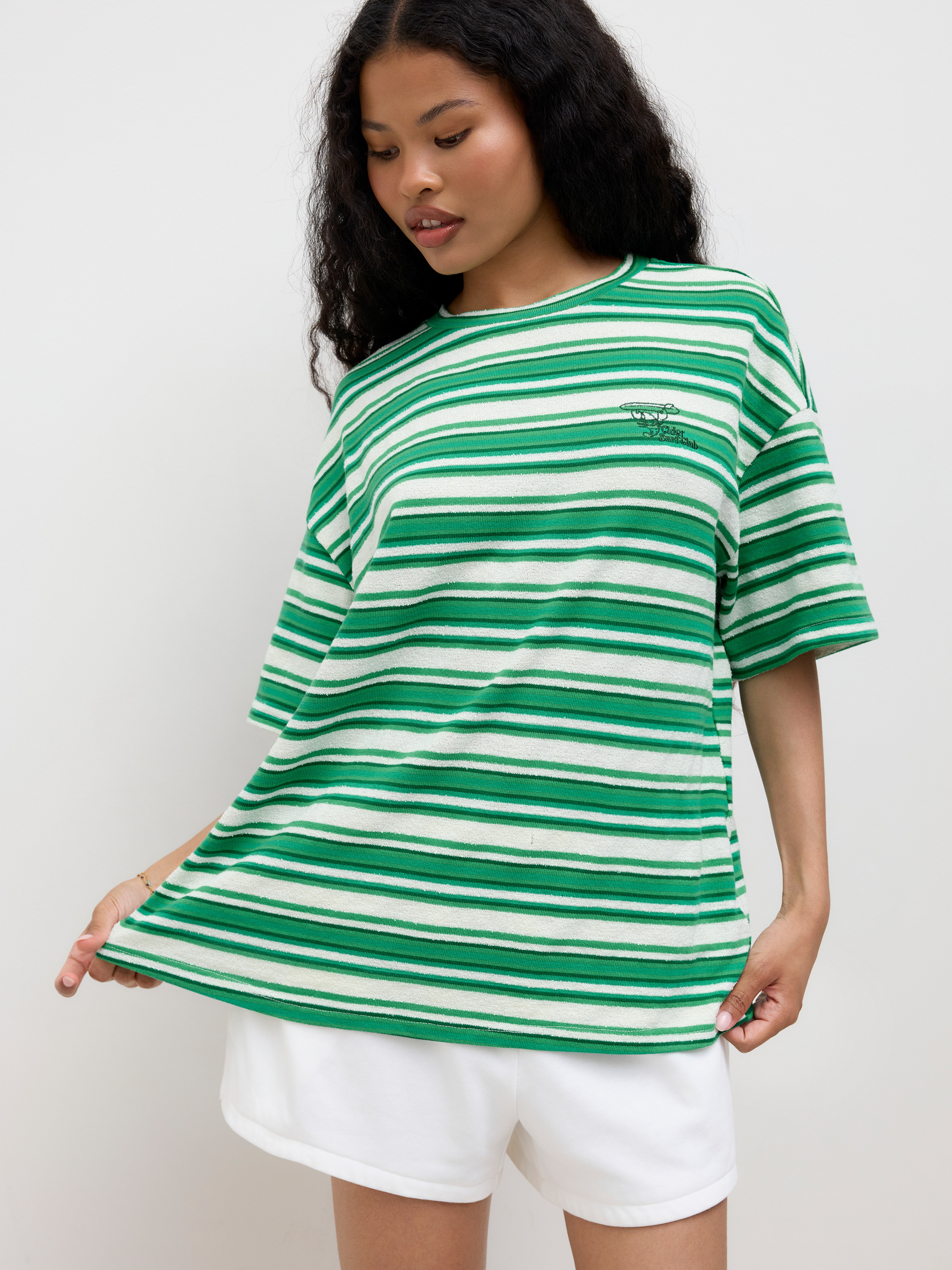 Terry Terry Stripe Oversized Short Sleeve Tee For Daily Casual | Cider