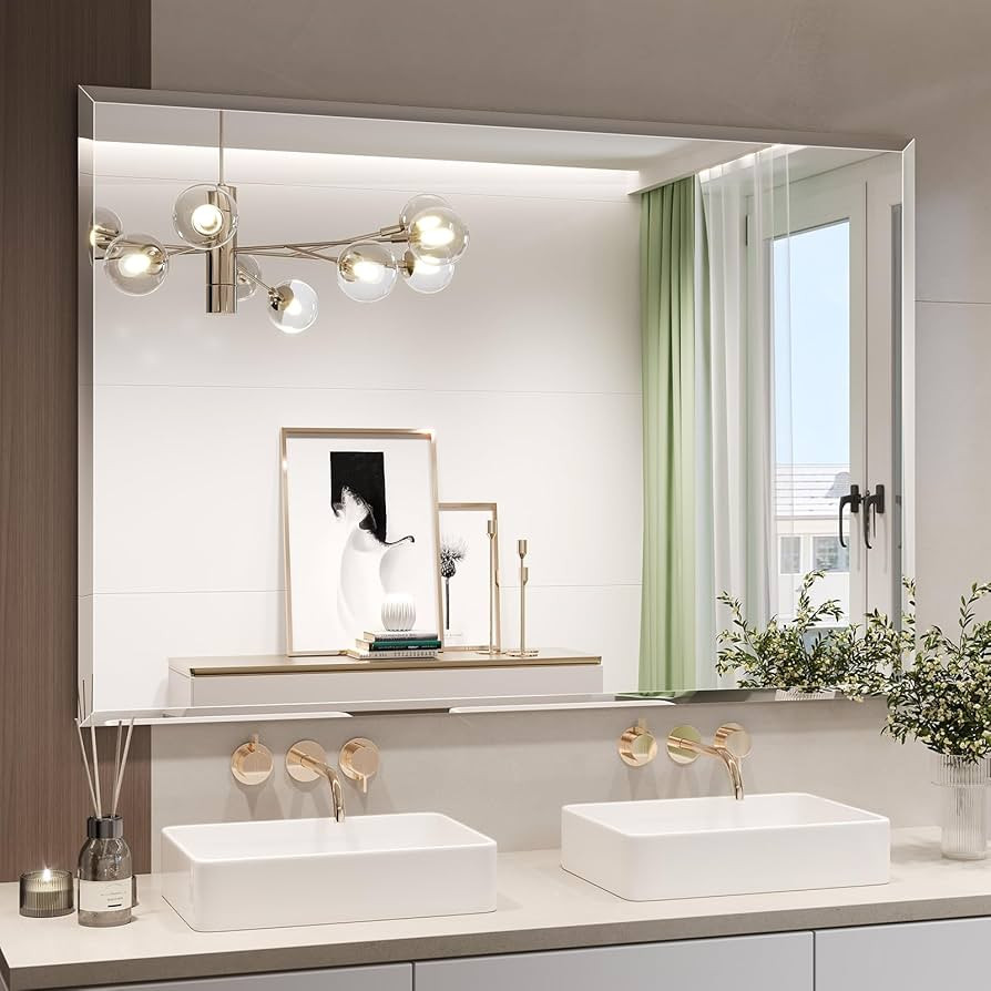Frameless Bathroom Mirror, 55"x36" Beveled Bathroom Mirror for Vanity, Wall Mount Mirrors for Bed... | Amazon (US)