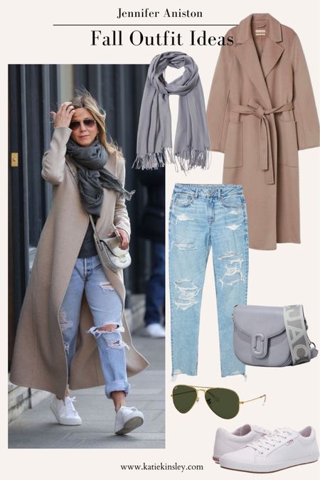 Jennifer Aniston fall outfit idea: taupe jacket, white sneakers, grey scarf, ripped jeans

#LTKFind #LTKSeasonal #LTKstyletip