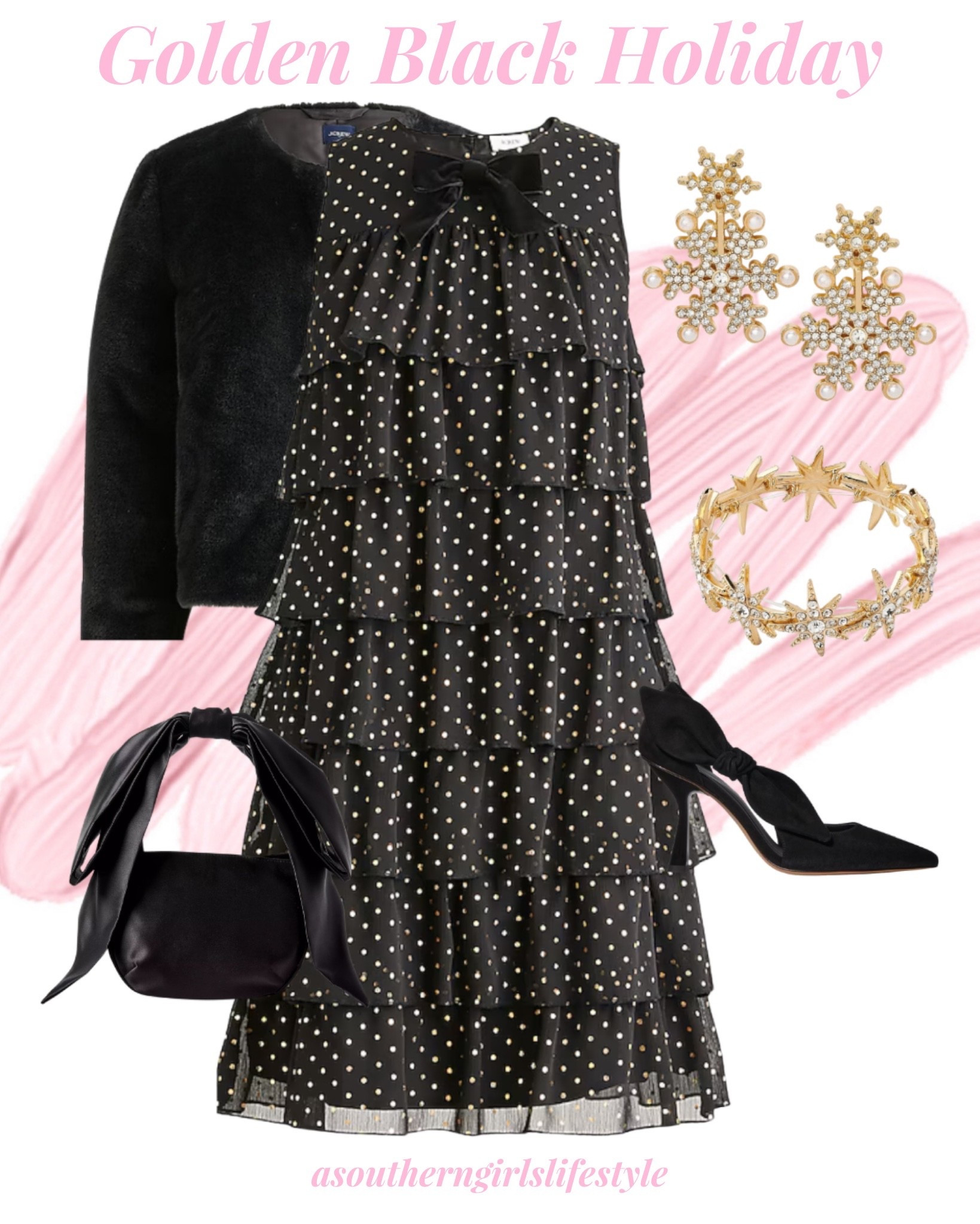 Everything is on Sale except the Target Bracelet. Chic Gold & Black Holiday - change of earrings & could be worn anytime! 

Faux Fur Cropped Jacket, Gold Polka Dot Tiered Dress, Snowflake Earrings, Pave Star Stretch Bracelet, Satin Bow Purse & Black Heels

Christmas Dress. New Year’s Eve. 

#LTKSeasonal #LTKHoliday #LTKSaleAlert