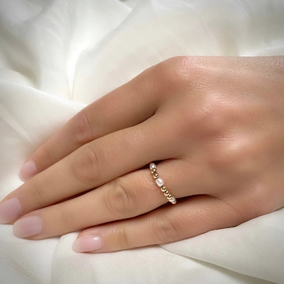 Pearl Ring. Beaded Ring. Elastic Rings. Stackable Ring. Stretch Ring. June Birthstone Ring. 14kt ... | Etsy (US)