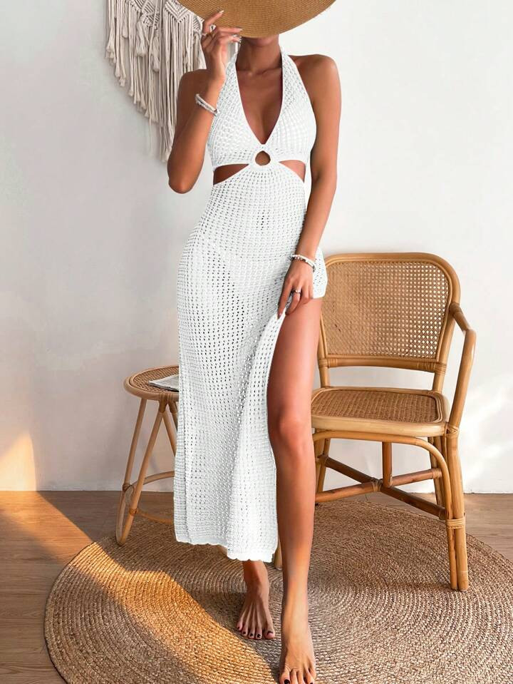SHEIN Swim Cut Out Ring Linked Split Thigh Halter Neck Backless Cover Up Dress,Summer Beach | SHEIN