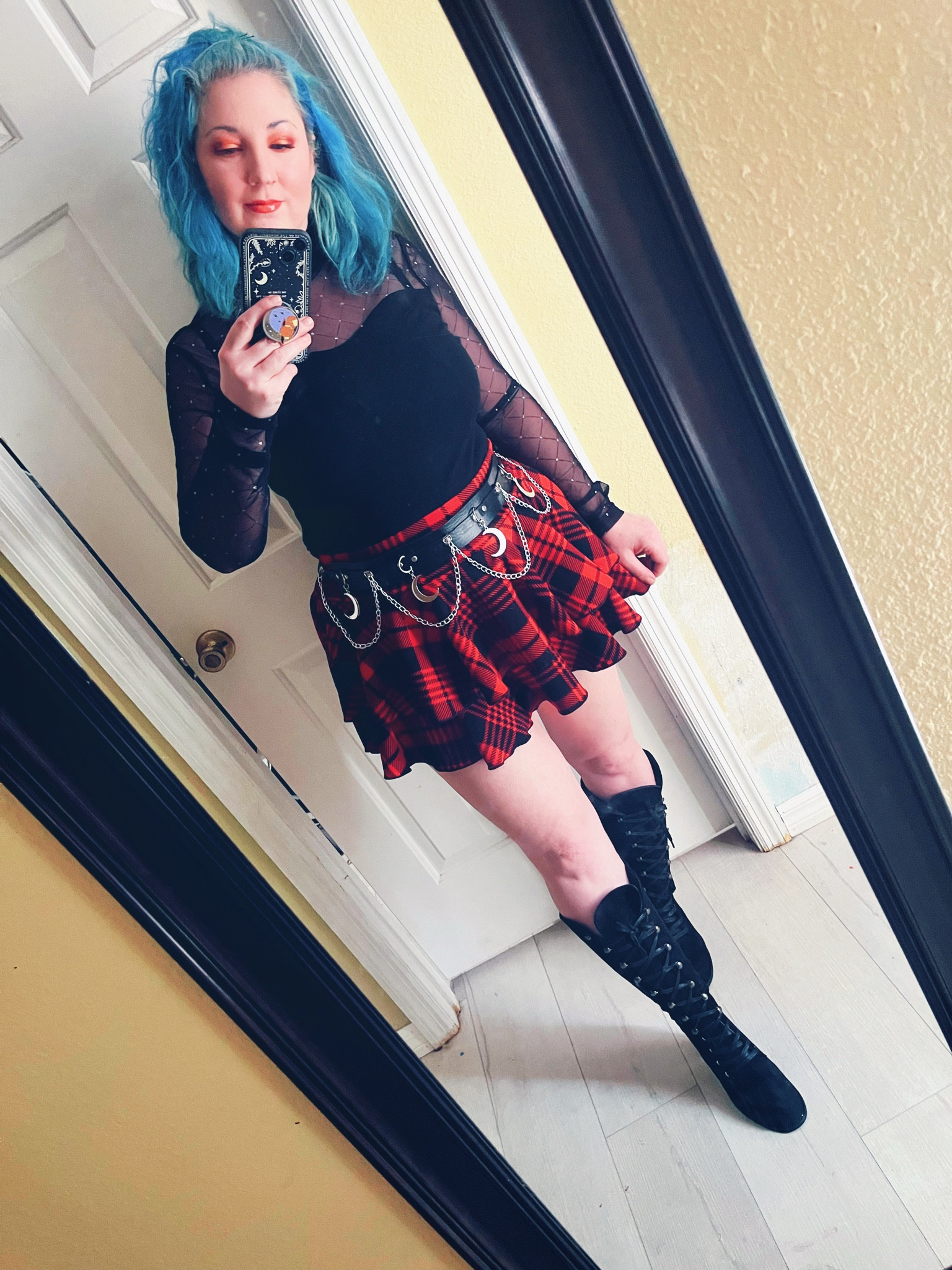 Decided to fight with these boots today. 😅keep forgetting that I have them. Looked all cute before I turned into the cleaning gremlin. 
#dopaminedressing
#outfitinspo
#mermaidhair 
#lookoftheday
#realoutfit
#mirrorselfie

#LTKOver40 #LTKMidsize