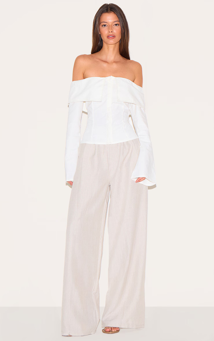 Stone Woven Linen Feel Tailored High Waist Wide Leg Trousers | PrettyLittleThing UK