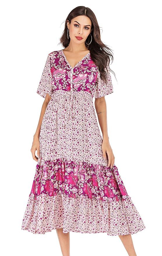 R.Vivimos Women's Short Sleeve V Neck Cotton Beach Floral Buttons Midi Dresses | Amazon (US)