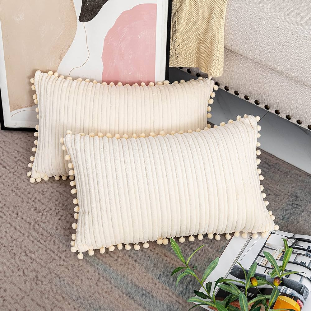 UGASA Velvet Lumbar Throw Pillow Cover, Both Sides Corduroy Striped, Soft Solid Decorative Rectan... | Amazon (US)