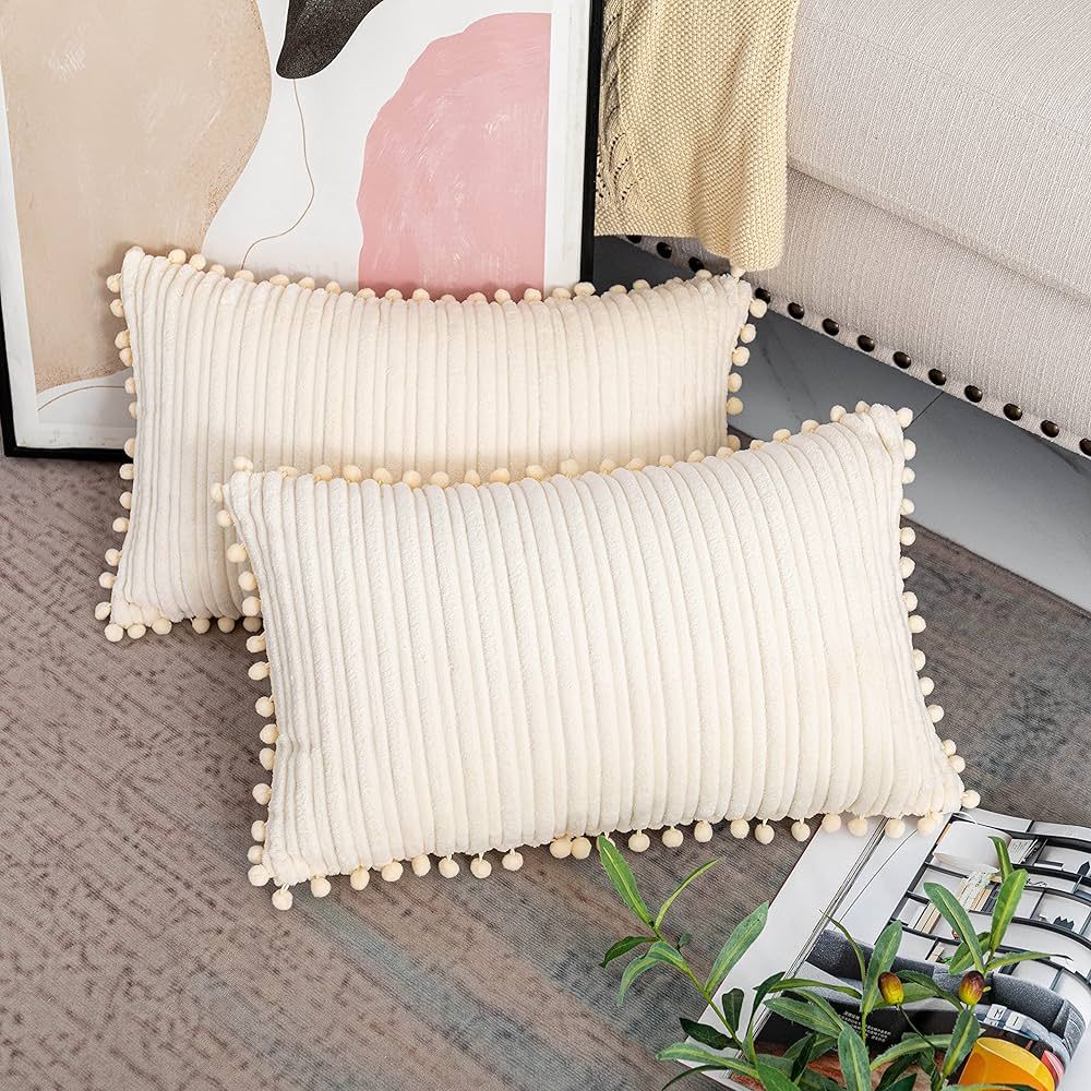 UGASA Velvet Lumbar Throw Pillow Cover, Both Sides Corduroy Striped, Soft Solid Decorative Rectan... | Amazon (US)