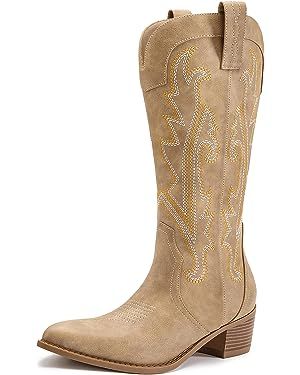 Athlefit Women's Embroidered Western Cowboy Boots Fashion Pointed Toe Chunky Heel Mid Calf Cowgir... | Amazon (US)