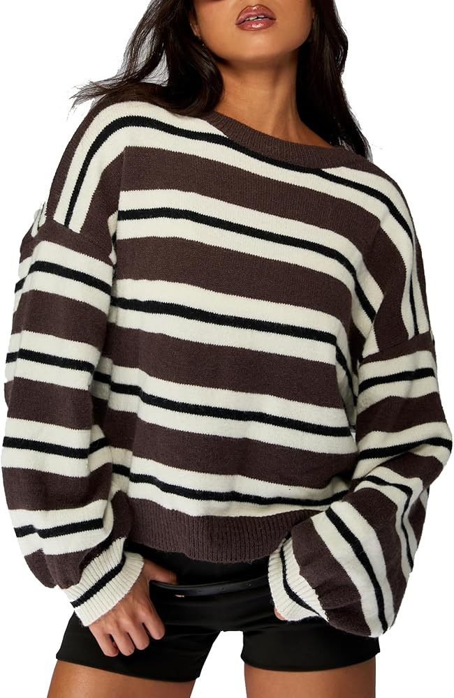 OYOANGLE Women's Striped Oversized Sweater Long Sleeve Drop Shoulder Crewneck Knit Sweaters | Amazon (US)