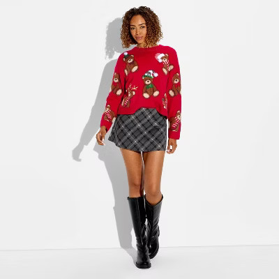 Women's Teddy Bear Print Festive Graphic Sweater - Red M | Target