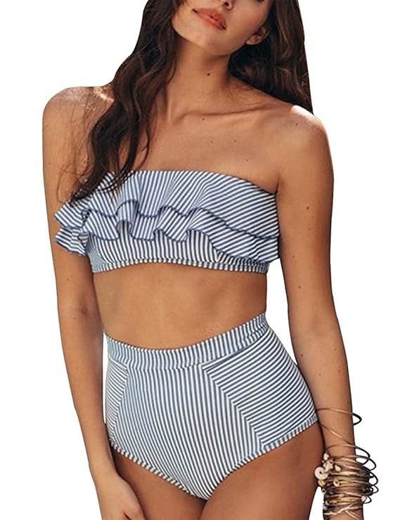 IBIZA VIBE Bandeau Bikini Set Strapless Off Shoulder Ruffled Flounce Crop Top Retro High Waisted ... | Amazon (US)
