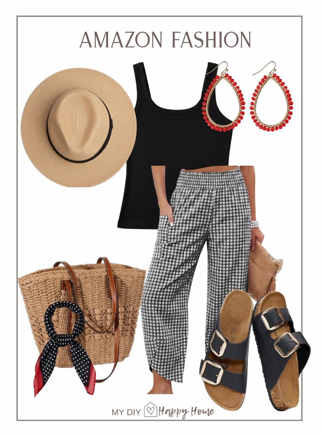 Summer outfit with scoopneck tank, flowy gingham pants, straw tote, buckle sandals and pops of red 


#summerfashion #petitefashion #outfitinspiration #amazonfashion 

#LTKootd #LTKMidsize #LTKPetite