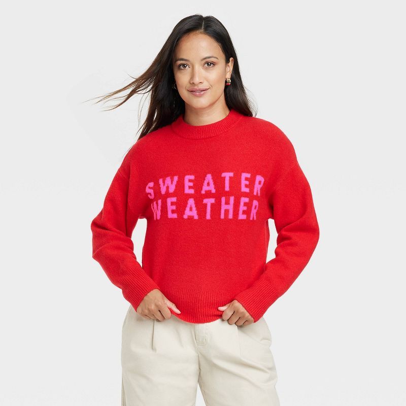 Women&#39;s Crewneck Slogan Sweater - A New Day&#8482; Red M | Target