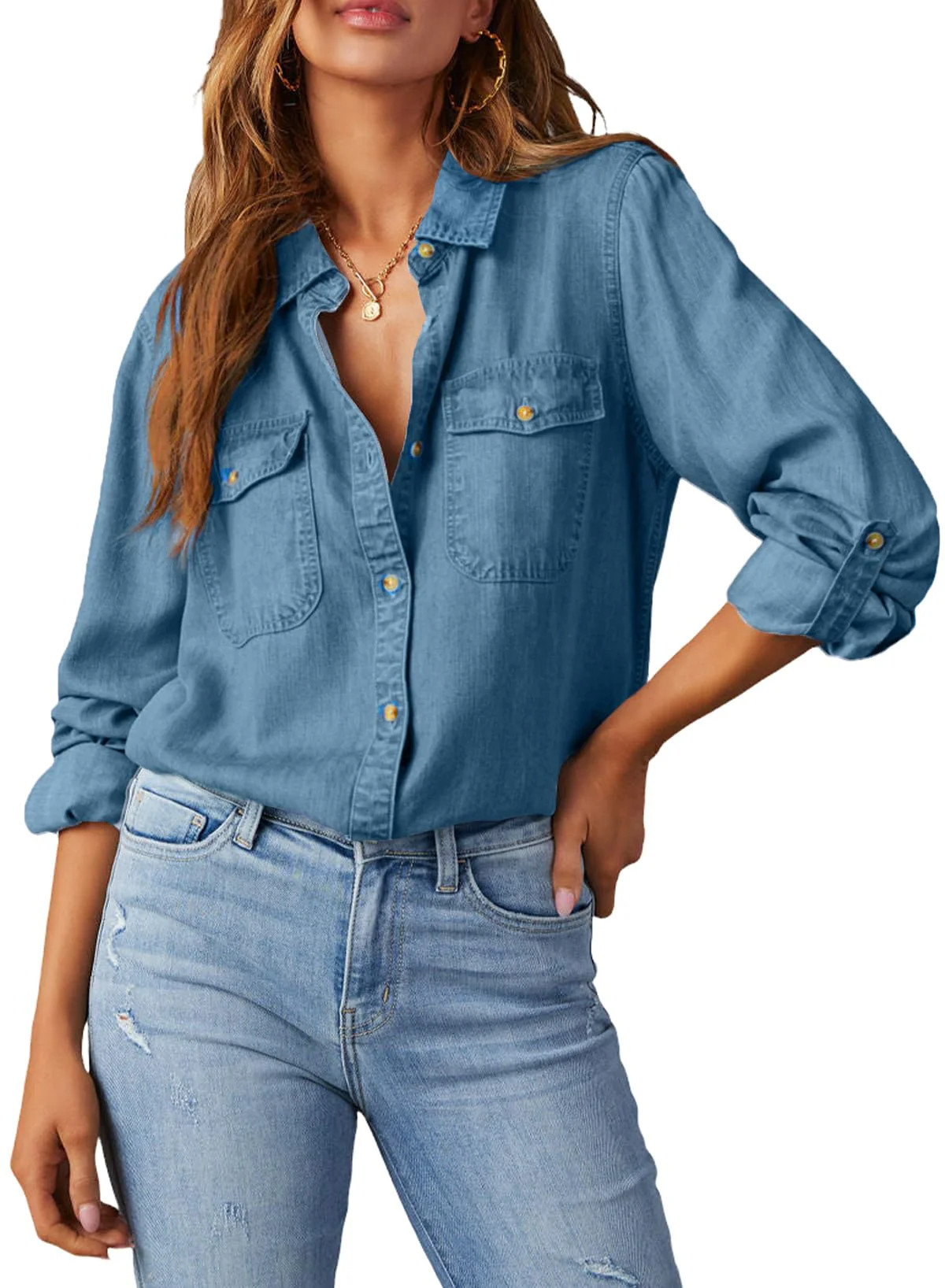 Fantaslook Women Button Down Denim Shirts Collared Casual Long Sleeve Blouses Tops with Pockets | Walmart (US)