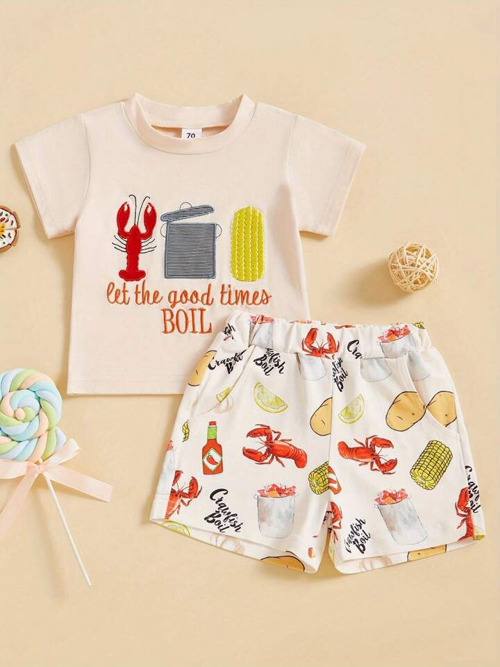 0-5T Kids Summer Outfit, Short Sleeve Crew Neck Embroidery T-Shirt With Lobster Print Shorts Clot... | SHEIN
