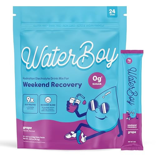 Waterboy Weekend Recovery | 3,187mg Electrolyte Powder Packets | Ginger + L-Theanine + Vitamins | No Sugar, All Natural, Gluten Free | 24 Drink Stick Mixes (Grape) | Amazon (US)