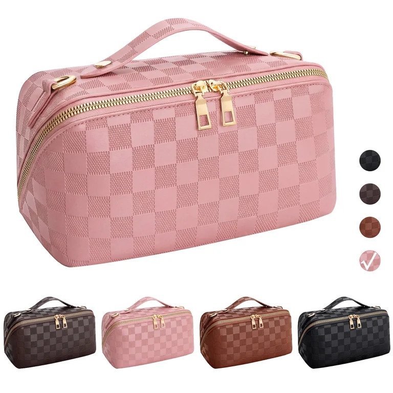 SUOSDEY 2 in 1 Crossbody Makeup Bag,Travel Luxury Leather Cosmetic Bag Organizer Set(Pink,Checker... | Walmart (US)