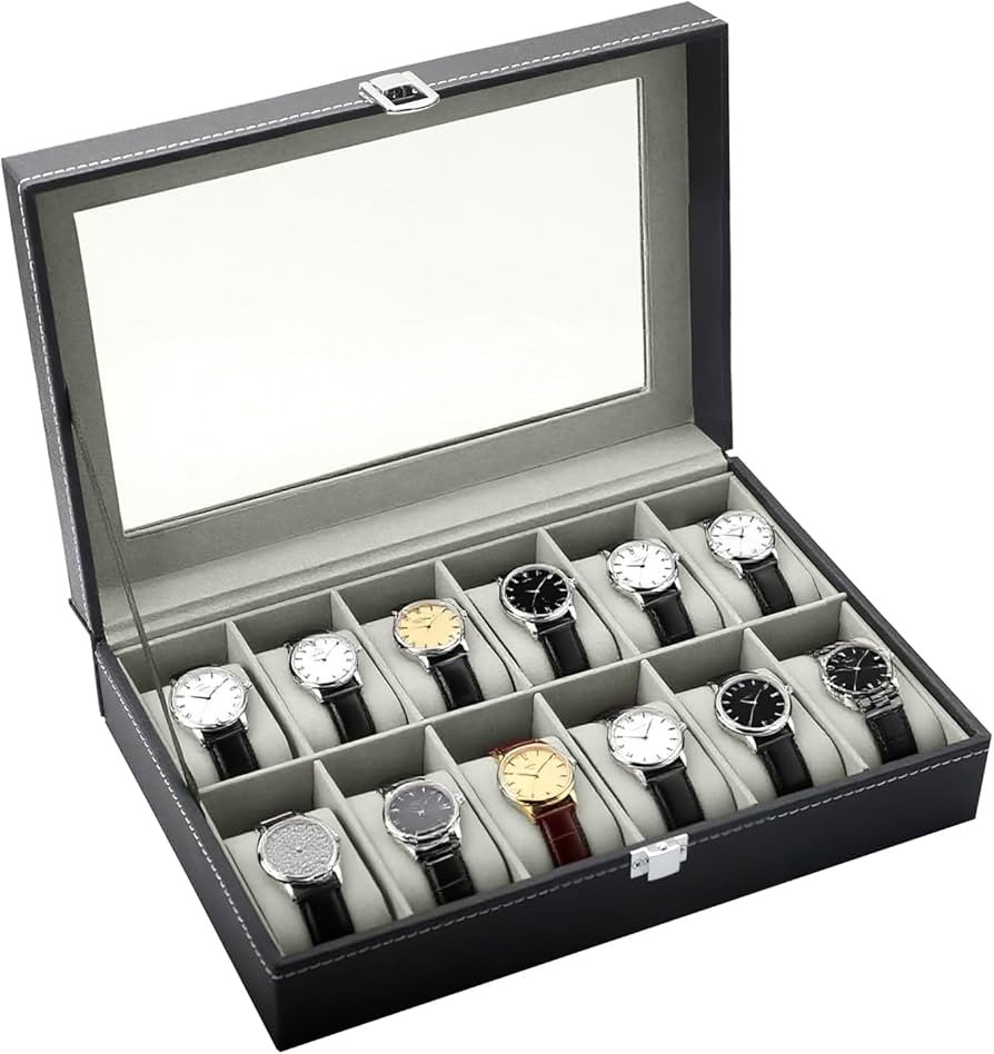 ITISMUNGO Watch Box Organizer 12 Slots – Upgraded PU Leather Watch Case with Glass Lid, Watch D... | Amazon (US)