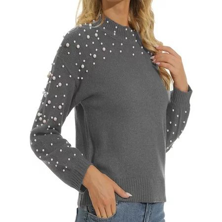 Capreze Women Crew Neck Knitted Sweaters with Pearls Solid Color Pullover Loungewear Long Sleeve Jum | Walmart (US)
