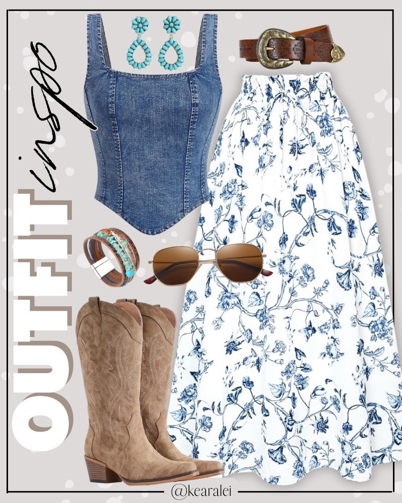 Country concert outfits summer outfits 2026 festival outfits Nashville outfit denim corset sleeveless shirt denim vest with white and blue floral maxi skirt tiered skirt brown western belt and brown leather cowboy boots cowgirl boots tall boots straw cowgirl hat cowboy hats turquoise earrings turquoise bracelets brown aviator sunglasses summer outfit fair outfits rodeo outfits carnival outfit 
.
Work dress outfits wedding guest dresses teacheroutfit workwear red maroon floral dress with beige ivory leather jacket and tall knee high beige boots taupe quilted purse || #Abercrombie #amazon #nordstrom
.
.
teacher outfits, business casual, casual outfits, neutrals, street style, Midi skirt, Maxi Dress, Swimsuit, Bikini, Travel, skinny Jeans, Puffer Jackets, Concert Outfits, Cocktail Dresses, Sweater dress, Sweaters, cardigans Fleece Pullovers, hoodies, button-downs, Oversized Sweatshirts, Jeans, High Waisted Leggings, dresses, joggers, fall Fashion, winter fashion, leather jacket, Sherpa jackets, Deals, shacket, Plaid Shirt Jackets, apple watch bands, lounge set, Date Night Outfits, Vacation outfits, Mom jeans, shorts, sunglasses, Disney outfits, Romper, jumpsuit, Airport outfits, biker shorts, Weekender bag, plus size fashion, Stanley cup tumbler, Work blazers, Work Wear, workwear

boots booties take over the knee, ankle boots, Chelsea boots, combat boots, pointed toe, chunky sole, heel, sneakers, slip on shoes, Nike, adidas, vans, dr. marten’s, ugg slippers, golden goose, sandals, high heels, loafers, Birkenstock Birkenstocks, 

Wedding Guest Dresses, Bachelorette Party, White Dresses, bridesmaid dresses, cocktail dress, Bridal shower dress, bride, wedding guest outfit

Target, Abercrombie and fitch, Amazon, Shein, Nordstrom, H&M, forever 21, forever21, Walmart, asos, Nordstrom rack, Nike, adidas, Vans, Quay, Tarte, Sephora 


#LTKootd #LTKFestival #LTKSeasonal