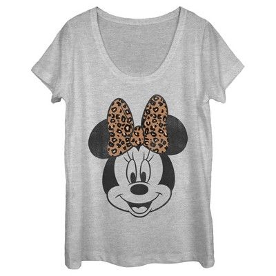 Women's Mickey & Friends Mickey & Minnie Mouse Cheetah Print Bow Scoop Neck | Target