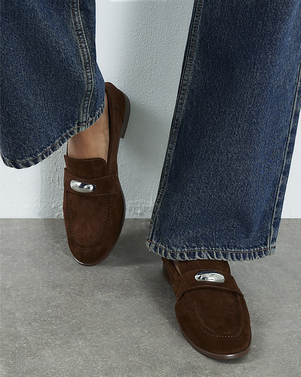 Brown Faux Suede Silver Detail Loafers | River Island UK & IE