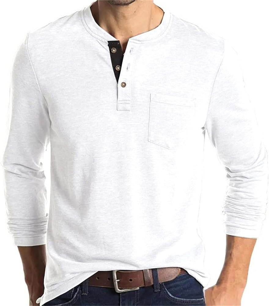 Mens Henley Long Sleeve Shirts Casual Lightweight Fitted Basic T-Shirt with Pockets | Amazon (US)