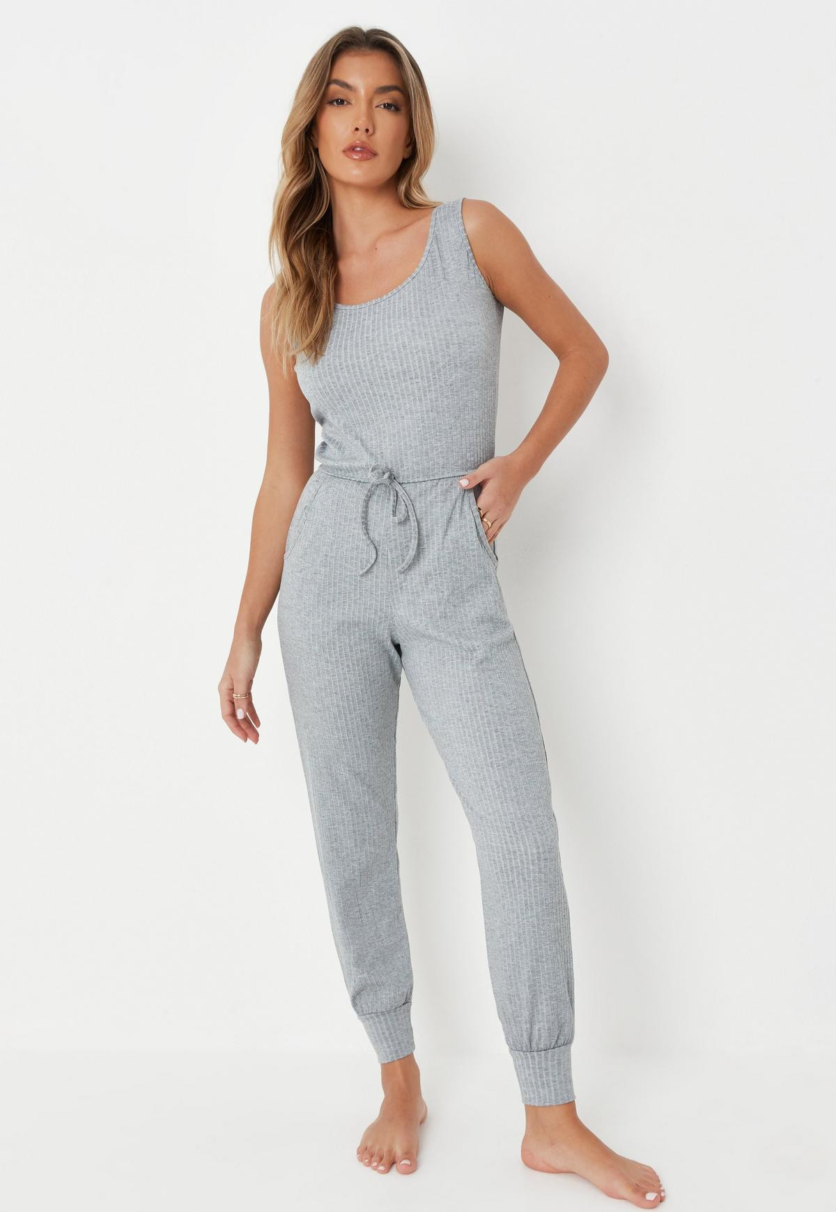 Gray Marl Rib Tie Waist Jogger Jumpsuit | Missguided (US & CA)