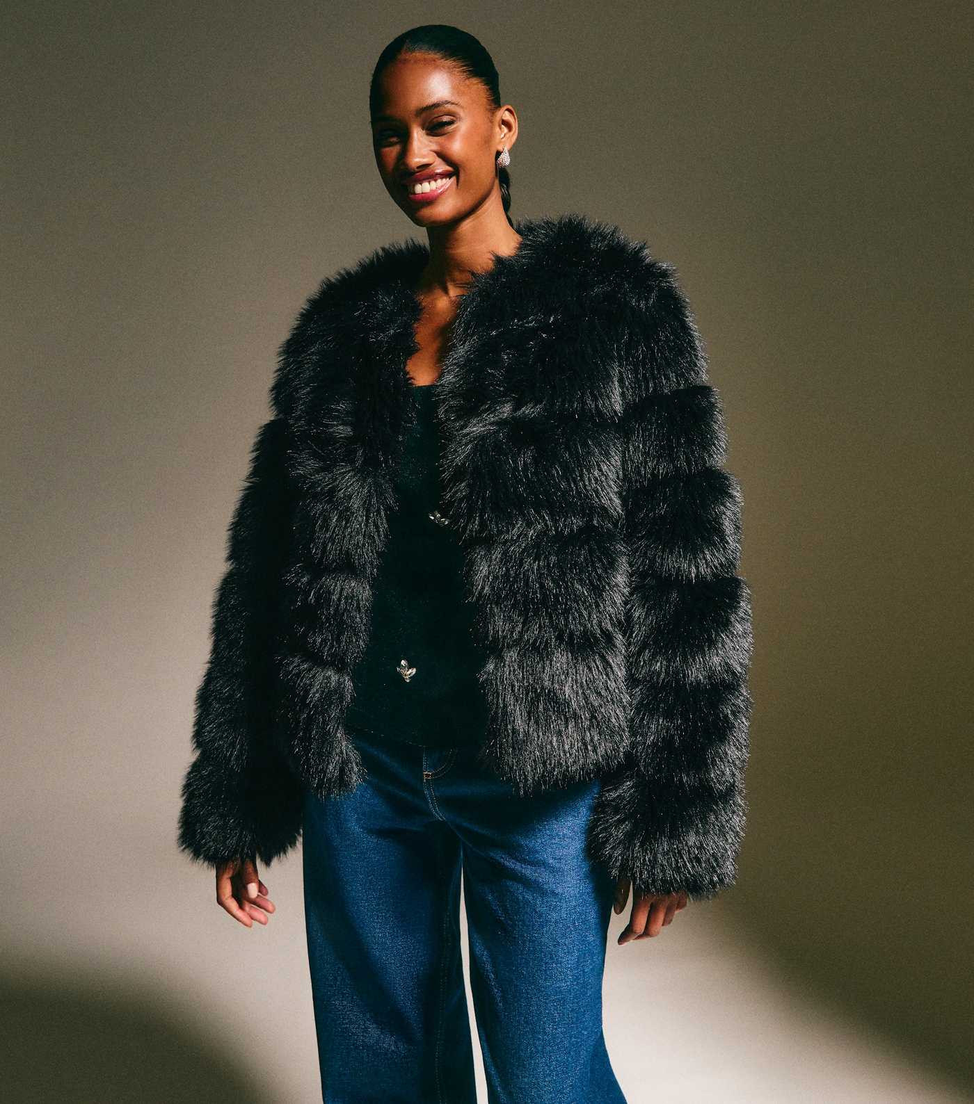 Black Panelled Faux Fur Jacket | New Look | New Look (UK)