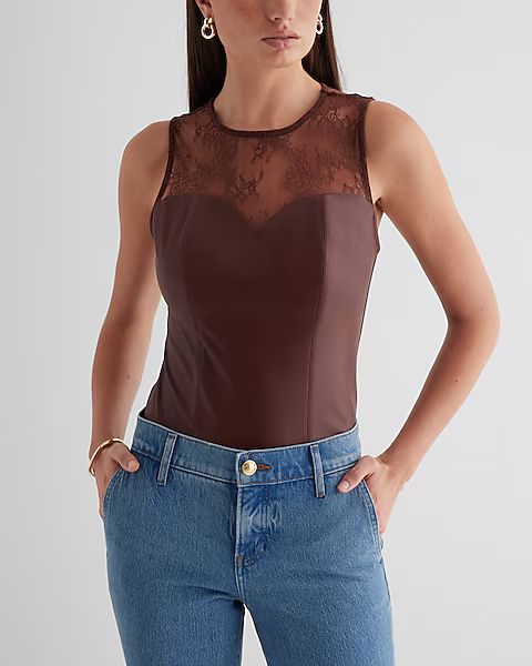 Body Contour High Neck Faux Leather Lace Bodysuit | Express