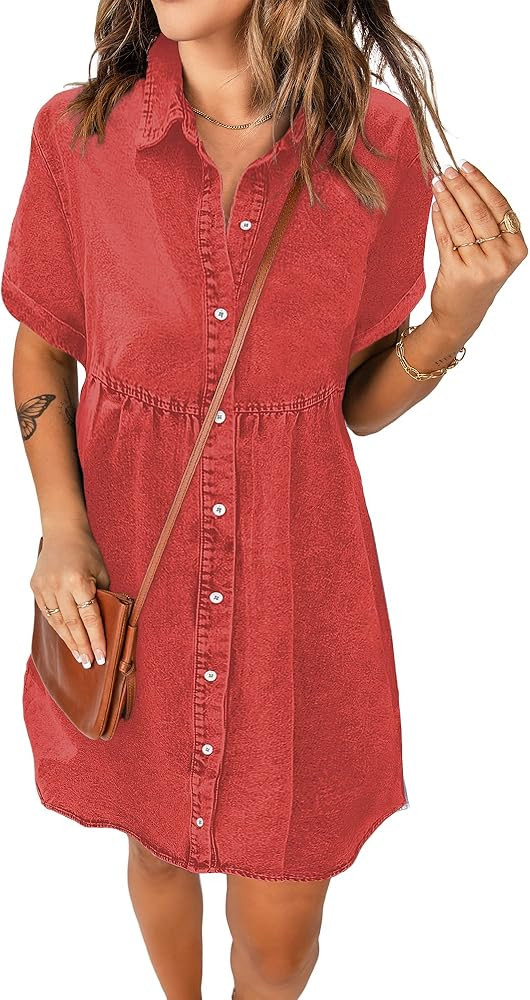 luvamia Women's Casual Short Sleeve Button Down Tiered Denim Babydoll Jean Dress | Amazon (US)