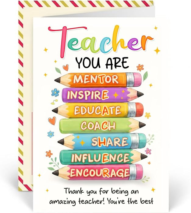 Teacher Cards, Teacher Greeting Card With Colorful Pencil Artwork, Teachers Appreciation Gift Car... | Amazon (US)